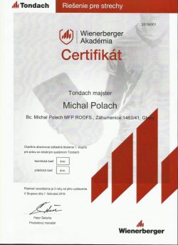 Tondach certifikát - Michal Polach MFP ROOFS