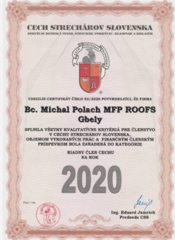 Certifikát - Cech Strechárov Slovenska 2020