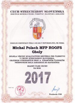 Certifikát - Cech Strechárov Slovenska 2017