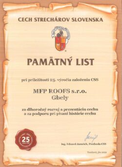 Certifikát - Cech Strechárov Slovenska Pamätný list