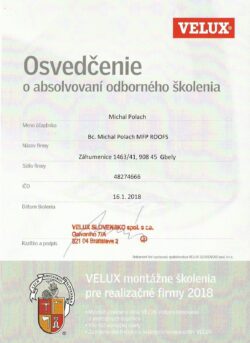 Certifikát - Velux 2018